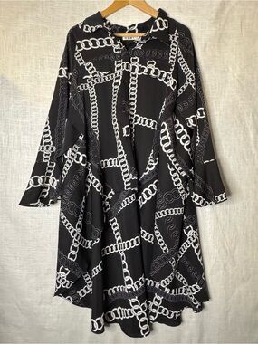 Kate Hemko Black Chain-Print Long Sleeve Shirt Dress